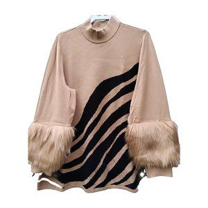 NEW Alfani Plus Size 3X Women Animal Stripe Faux Fur Cuff Pullover Sweater